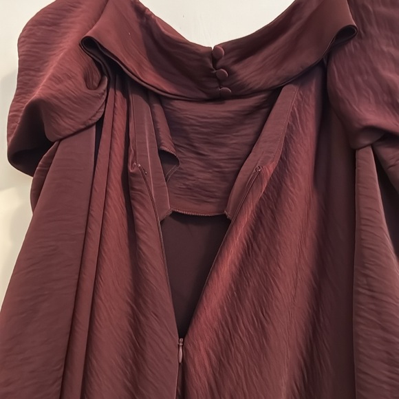 ASOS DESIGN satin bardot layered midi dress with long sleeves in wine - Picture 11 of 11